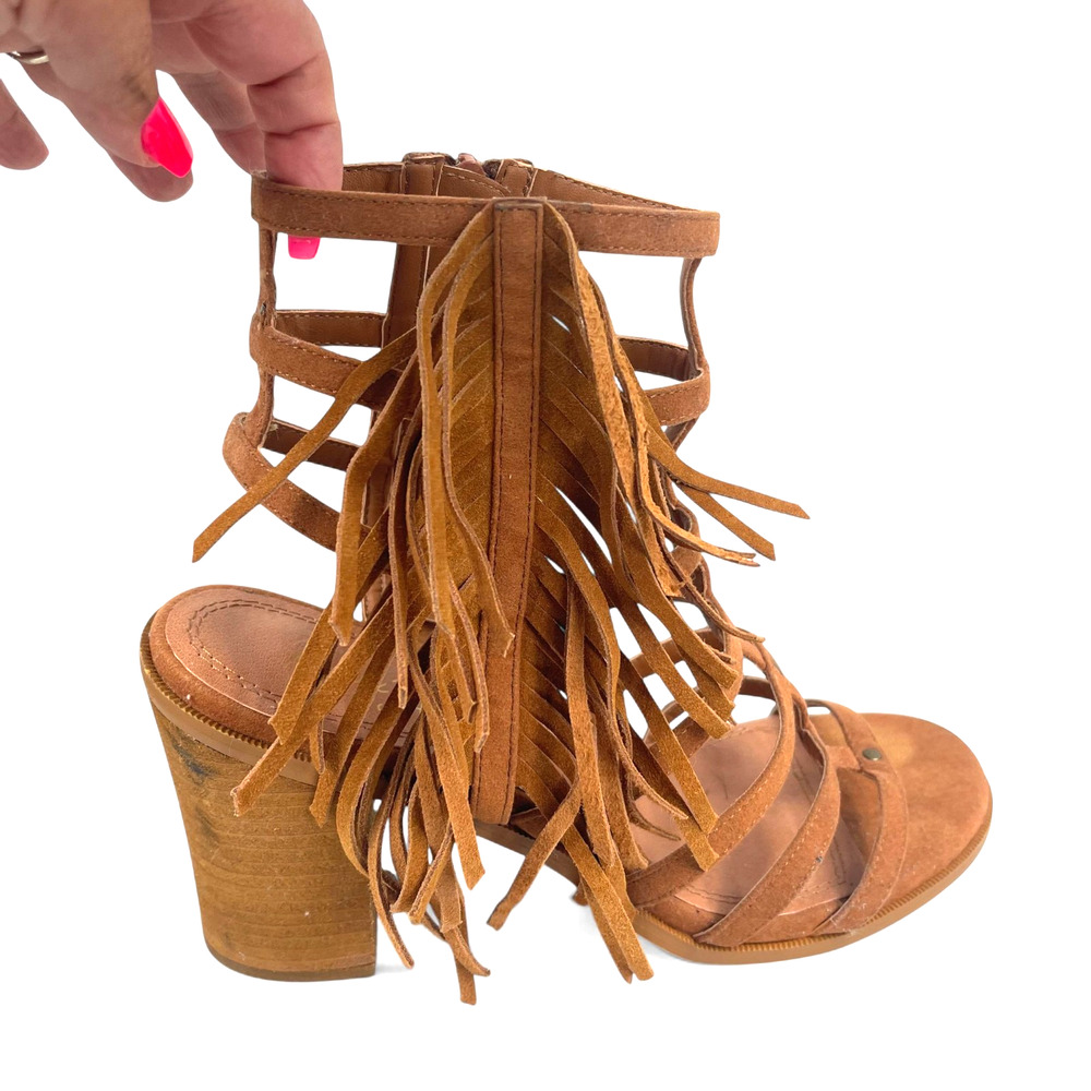 ELSA Tan Suede Fringe Strappy Block Heel Sandals